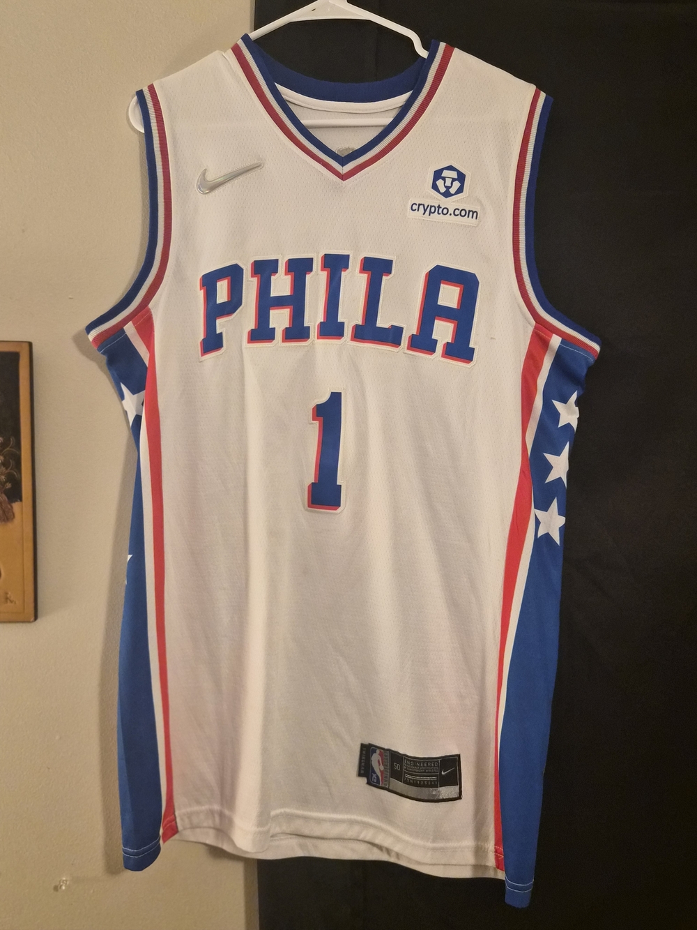 Nike White, Blue & Red PHILA #1 Basketball Jersey Crypto Patch